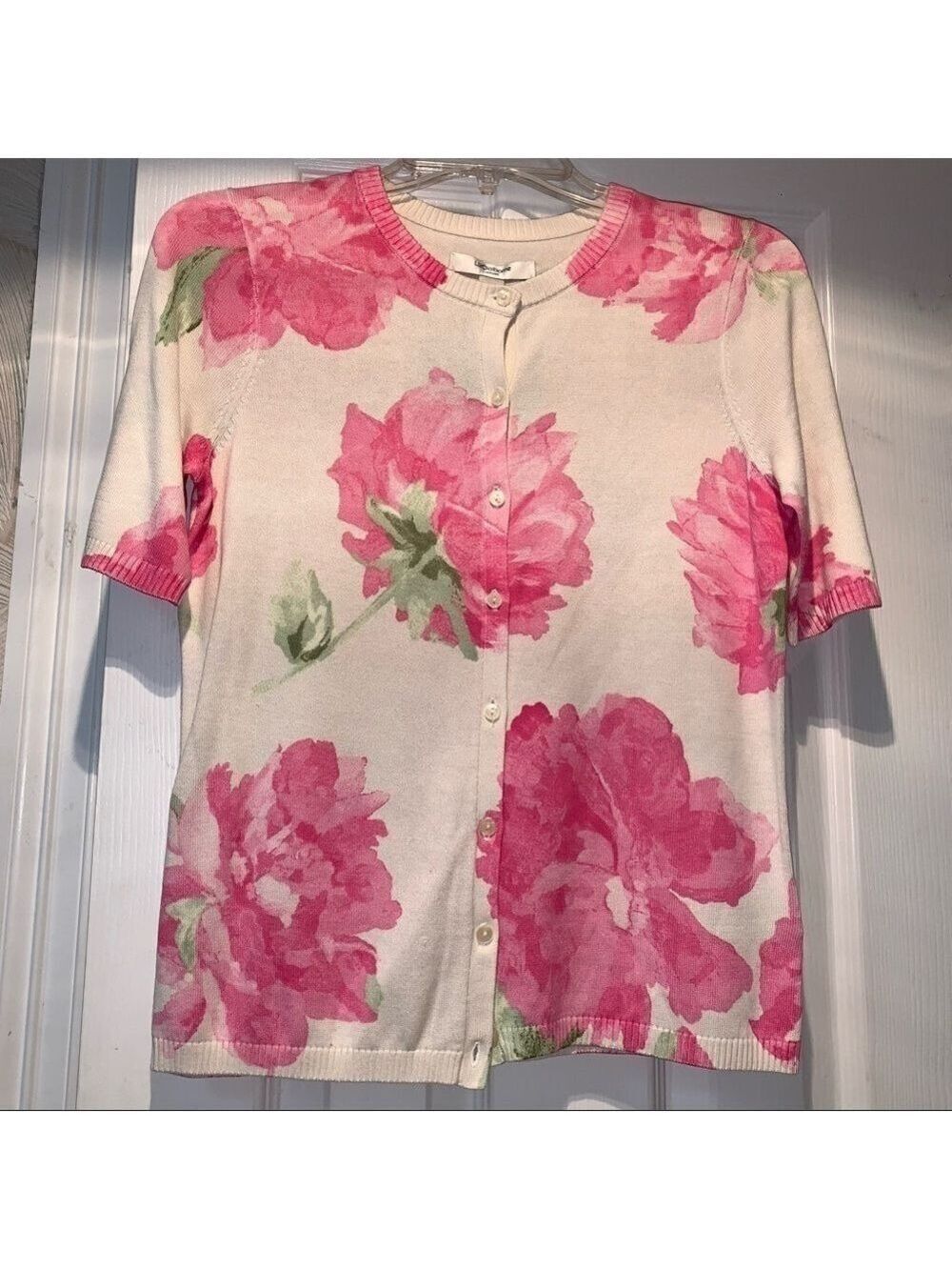 Liz Claiborne Floral Round Neck Cardigan Sweater Short Sleeved